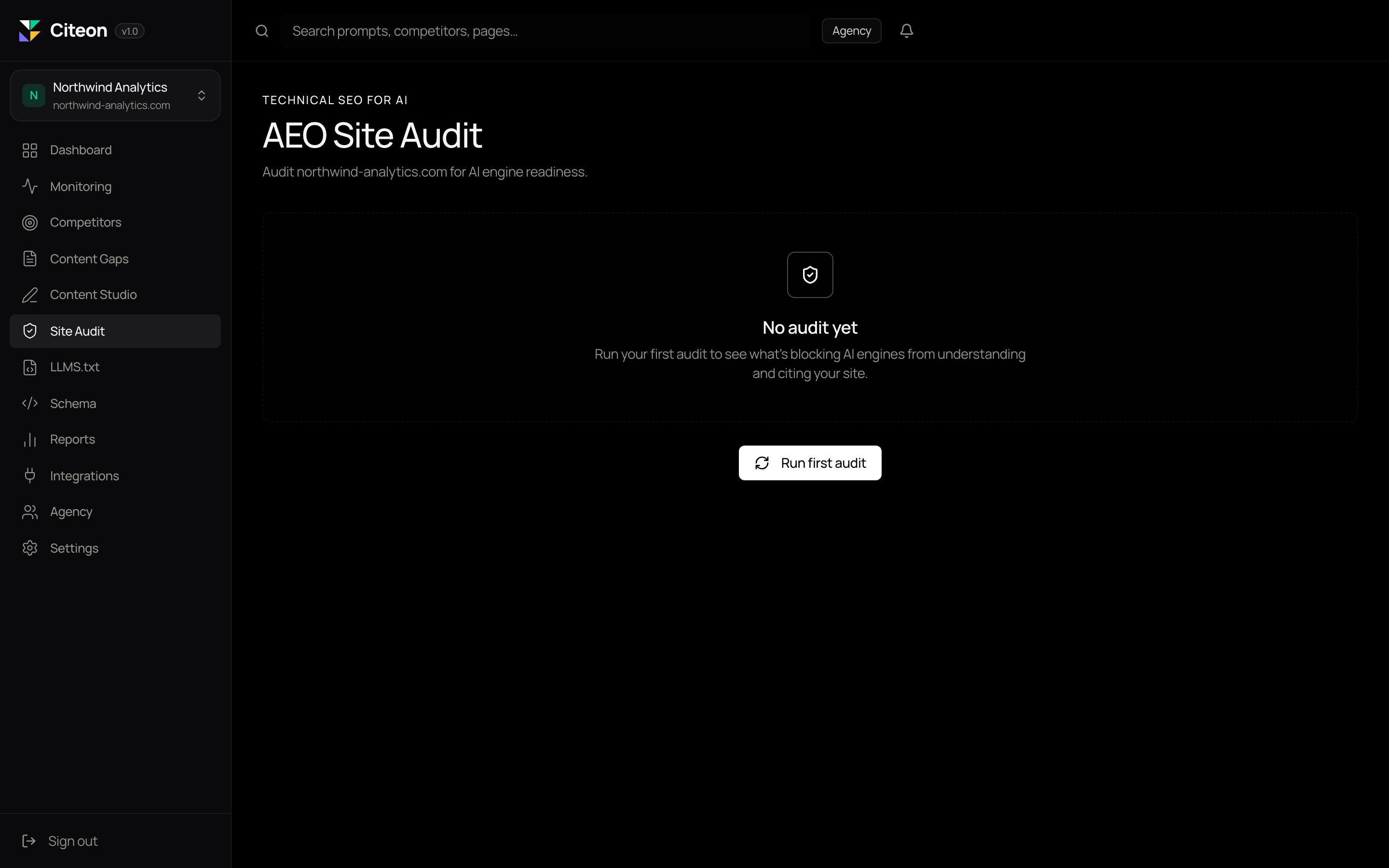 Citeon site audit scoring AI readiness across categories, page by page