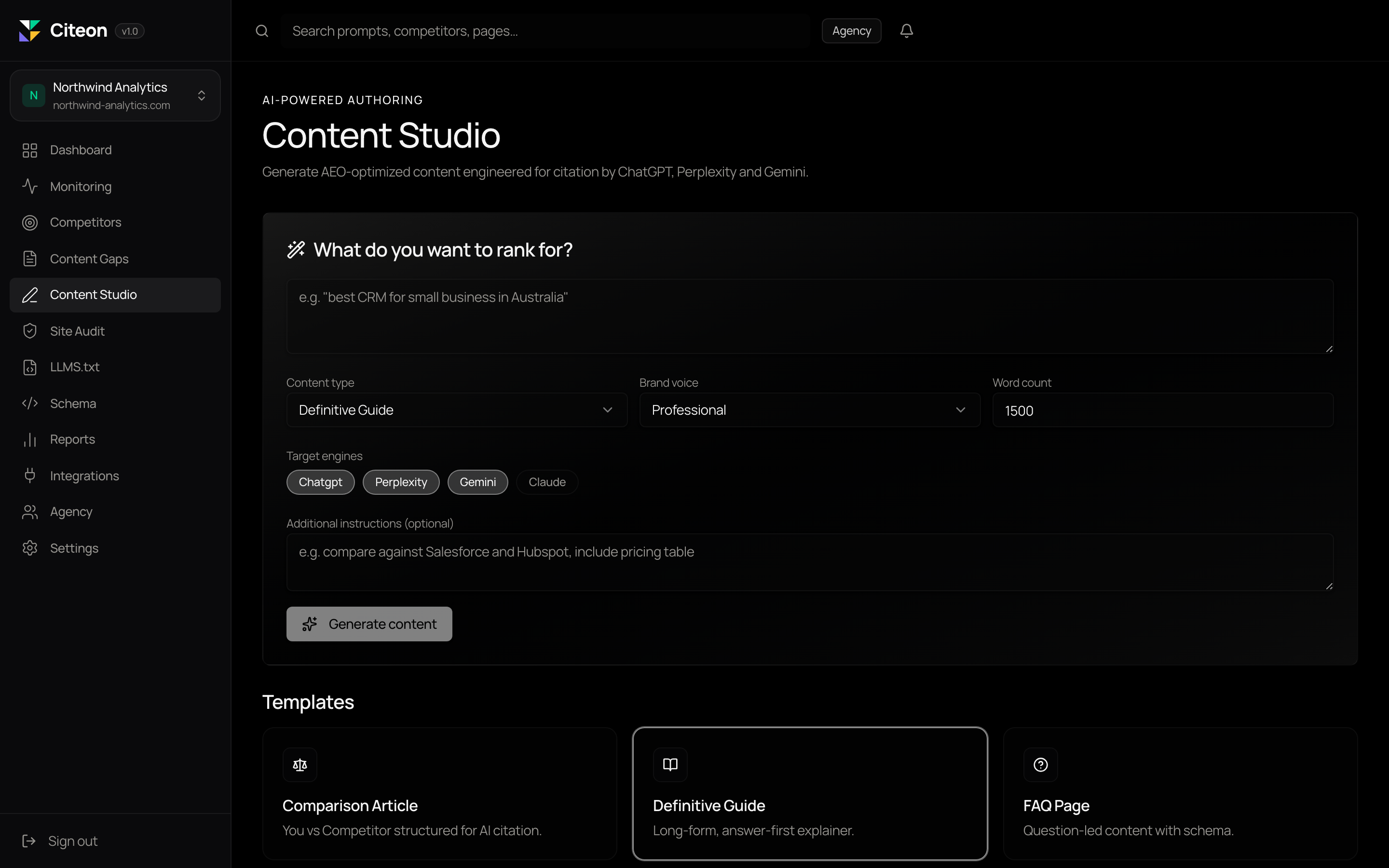 Content Studio generating a brief and draft for a target prompt