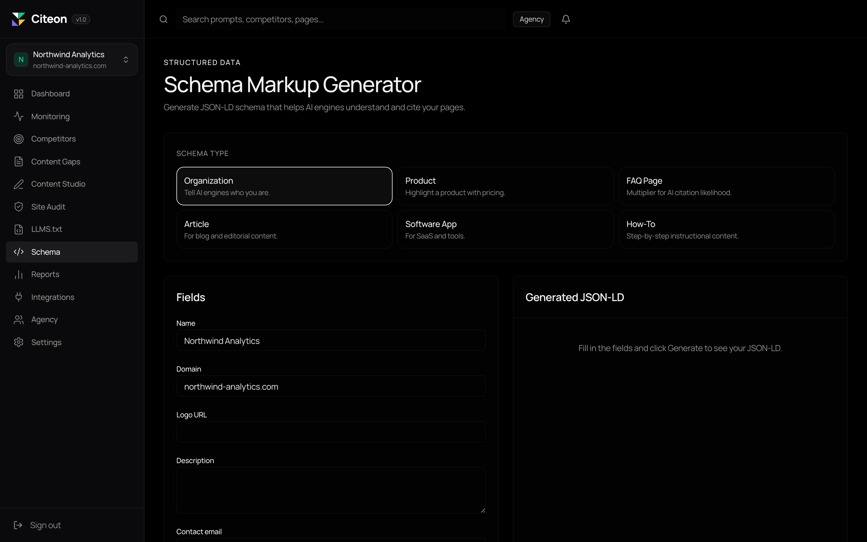 Generated JSON-LD schema markup ready to paste into the site